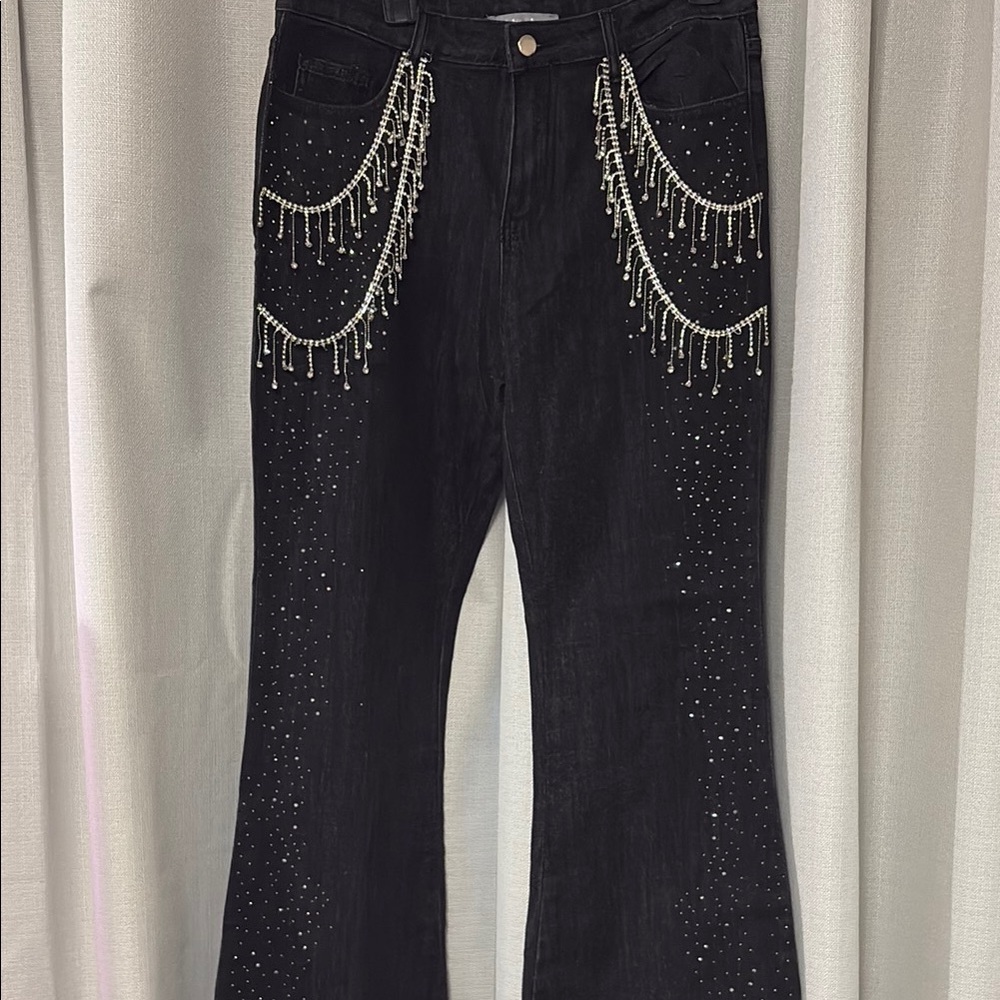 Buckle Black Flare Jeans with Silver Embellishments
